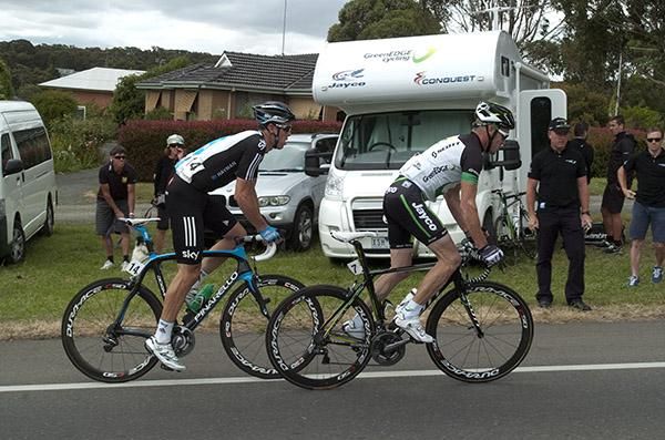 Stuart O'Grady and Matthew Hayman on the Midland Highway out in front with GreenEDGE's Shayne Bannan (right) and Aussie cycling legend Phil Anderson (far left) looking on.