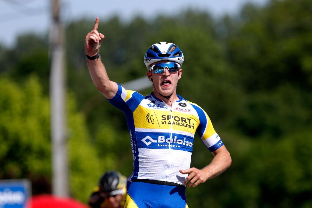 MAARKEDAL BELGIUM JUNE 09 Robbe Ghys of Belgium and Team Sport Vlaanderen Baloise stage winner celebrates at arrival during the 90th Baloise Belgium Tour 2021 Stage 1 a 1753km stage from Beveren to Maarkedal baloisebelgiumtour on June 09 2021 in Maarkedal Belgium Photo by Bas CzerwinskiGetty Images