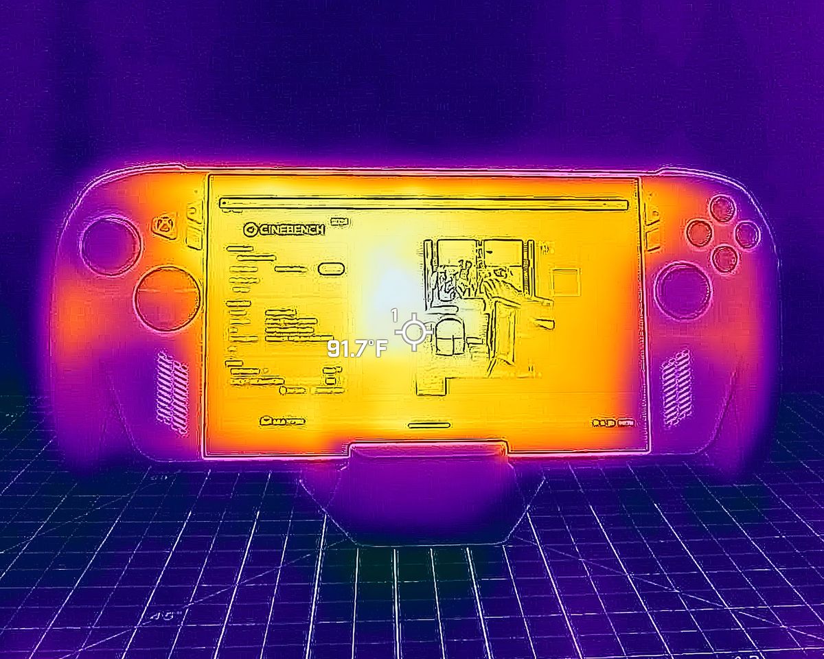 A picture taken with a thermal camera showing the Xbox Ally screen reaches 91 degrees F.