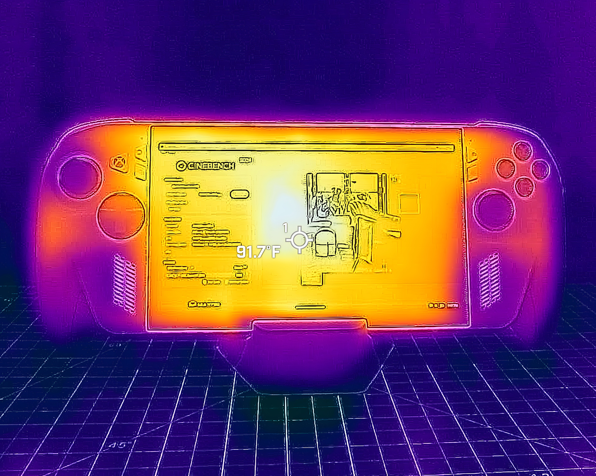 A picture taken with a thermal camera showing the Xbox Ally screen reaches 91 degrees F.