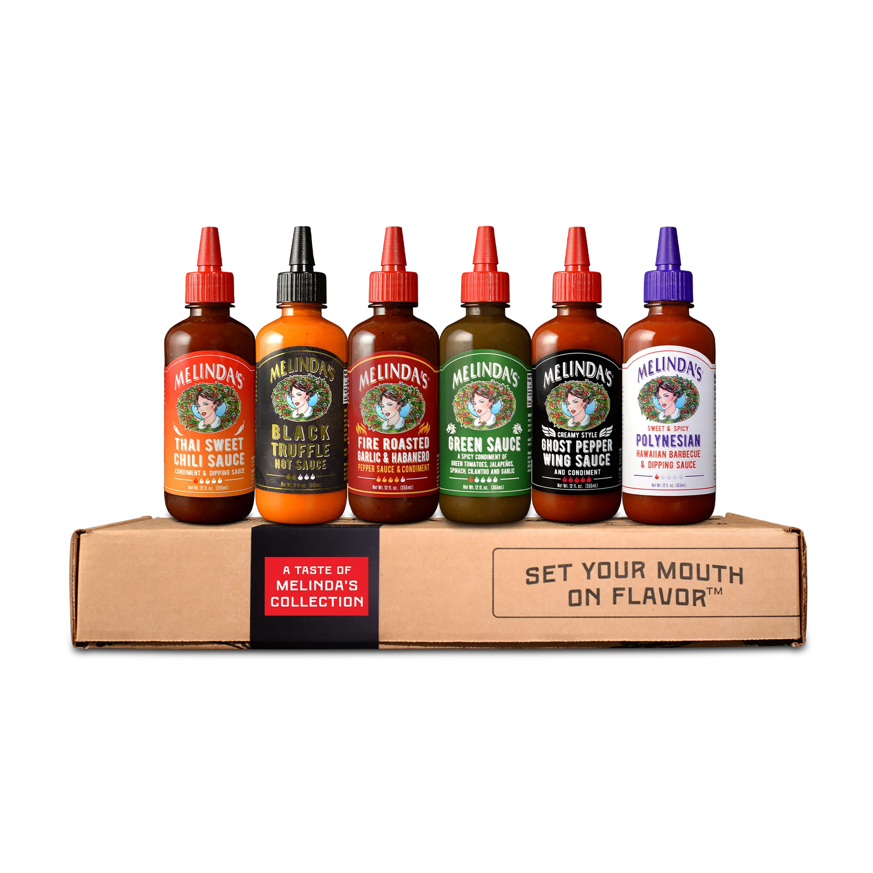 The lineup of A Taste of Melinda's Collection of sauces