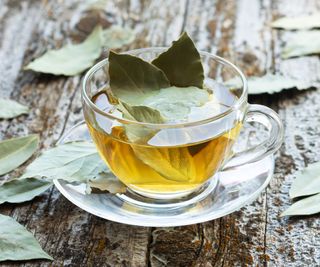 Cup of natural bay leaf herbal tea on wooden table