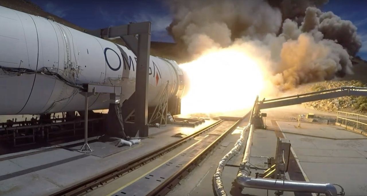 The first stage of Northrop Grumman's OmegA rocket fires for the first time during a full-scale ground test in Utah on May 30, 2019.