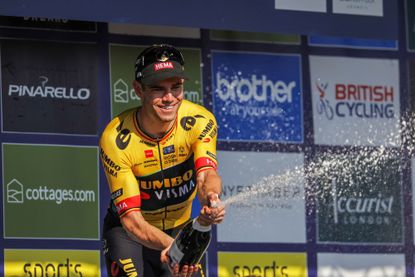 Wout van Aert celebrates his stage win on day five of the Tour of Britain