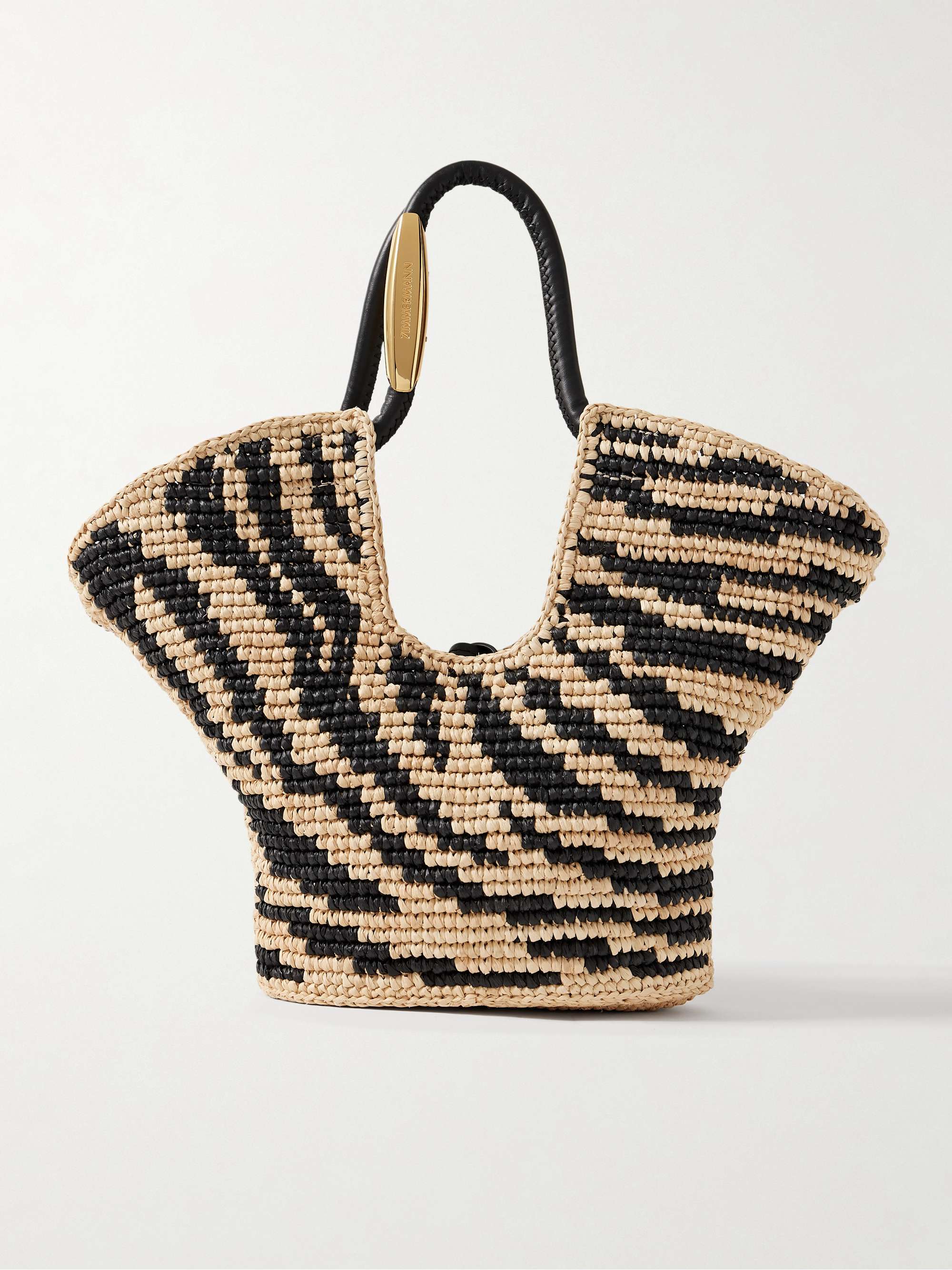 Goldentime Small Leather-Trimmed Raffia-Jacquard Tote