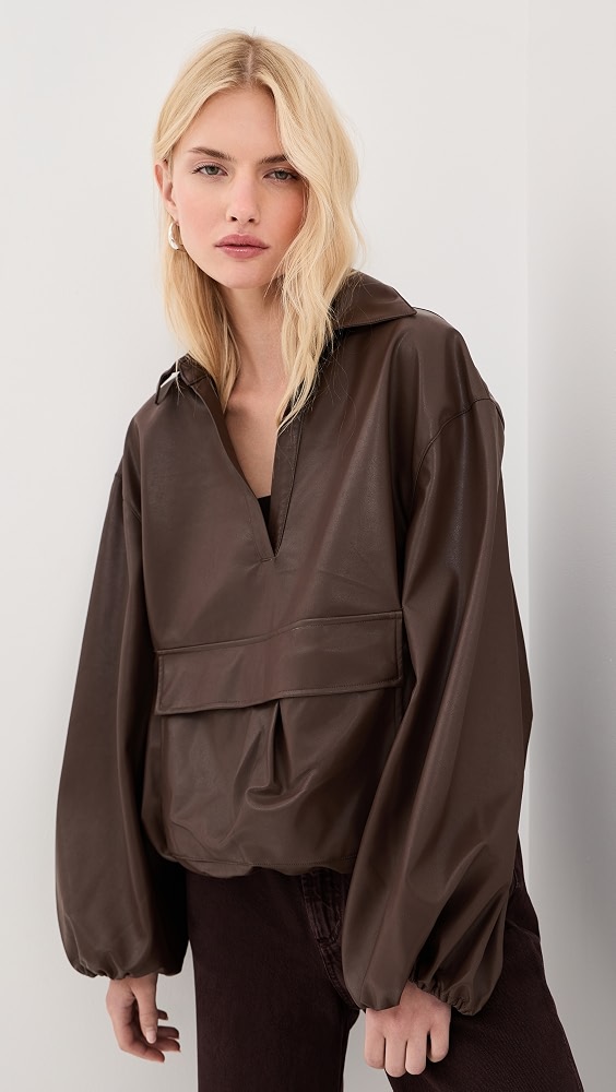Pippa Faux Leather Pullover With Front Pocket - Coffee