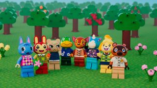 Lego Animal Crossing characters stand in front of a Lego forest
