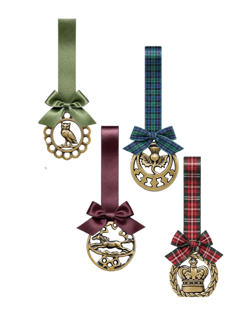 Plaid Brass Christmas Tree Ornaments, Set of 4