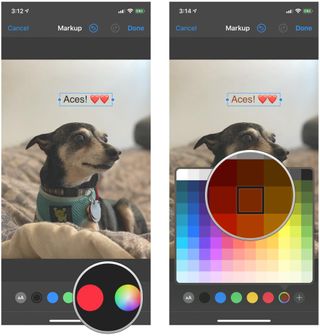 How to add text to a photo in Markup editor in Photos on iPhone and iPad by showing steps: after inputting your text, tap a color at the bottom to change, or use the color picker if your color isn't a standard