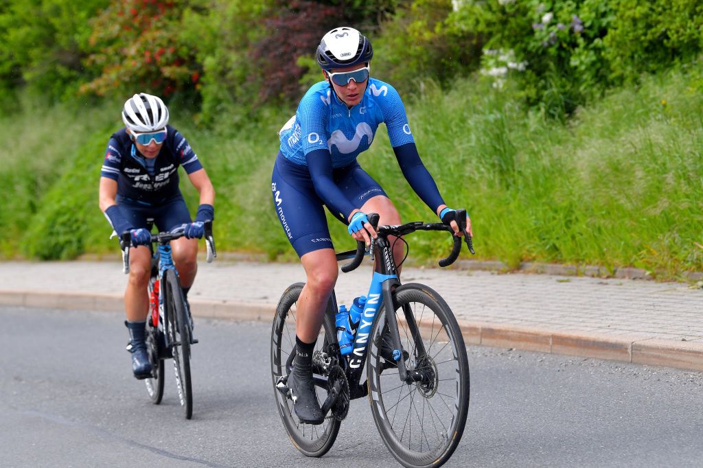 SCHLEIZ GERMANY MAY 27 Trixi Worrack of Germany and Trek Segafredo Aude Biannic of France and Movistar Team during the 34th Internationale LOTTO Thringen Ladies Tour 2021 Stage 3 a 1165km stage from Schleiz to Schleiz ltlt2021 lottothueringenladiestour womencycling on May 27 2021 in Schleiz Germany Photo by Luc ClaessenGetty Images