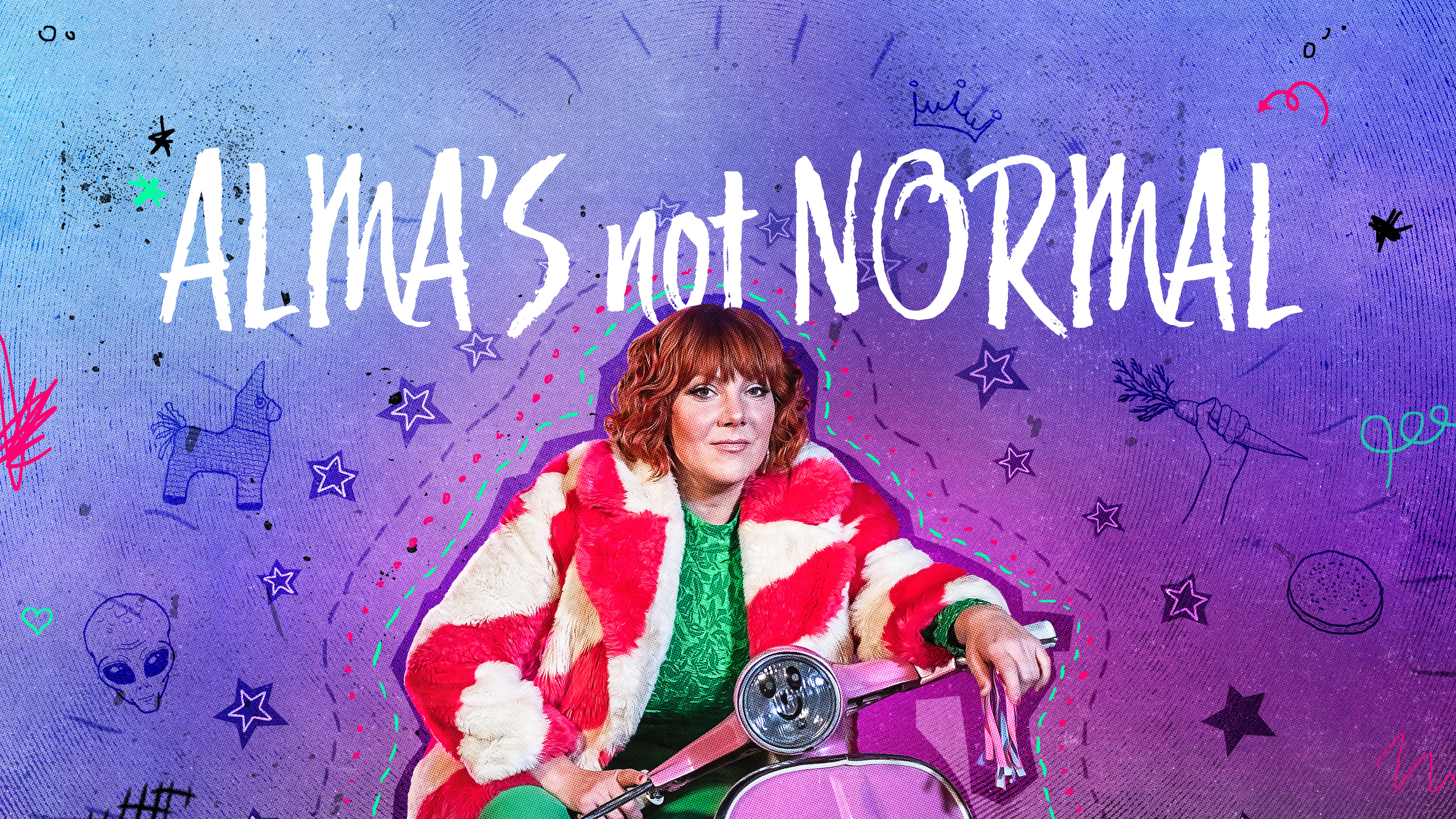 Artwork for series 2 of Alma's Not Normal - a cartoon version of Alma sitting on a pink scooter in her flamboyant pink and white furry coat.