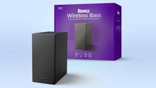 The Roku Wireless Bass on a light blue background.