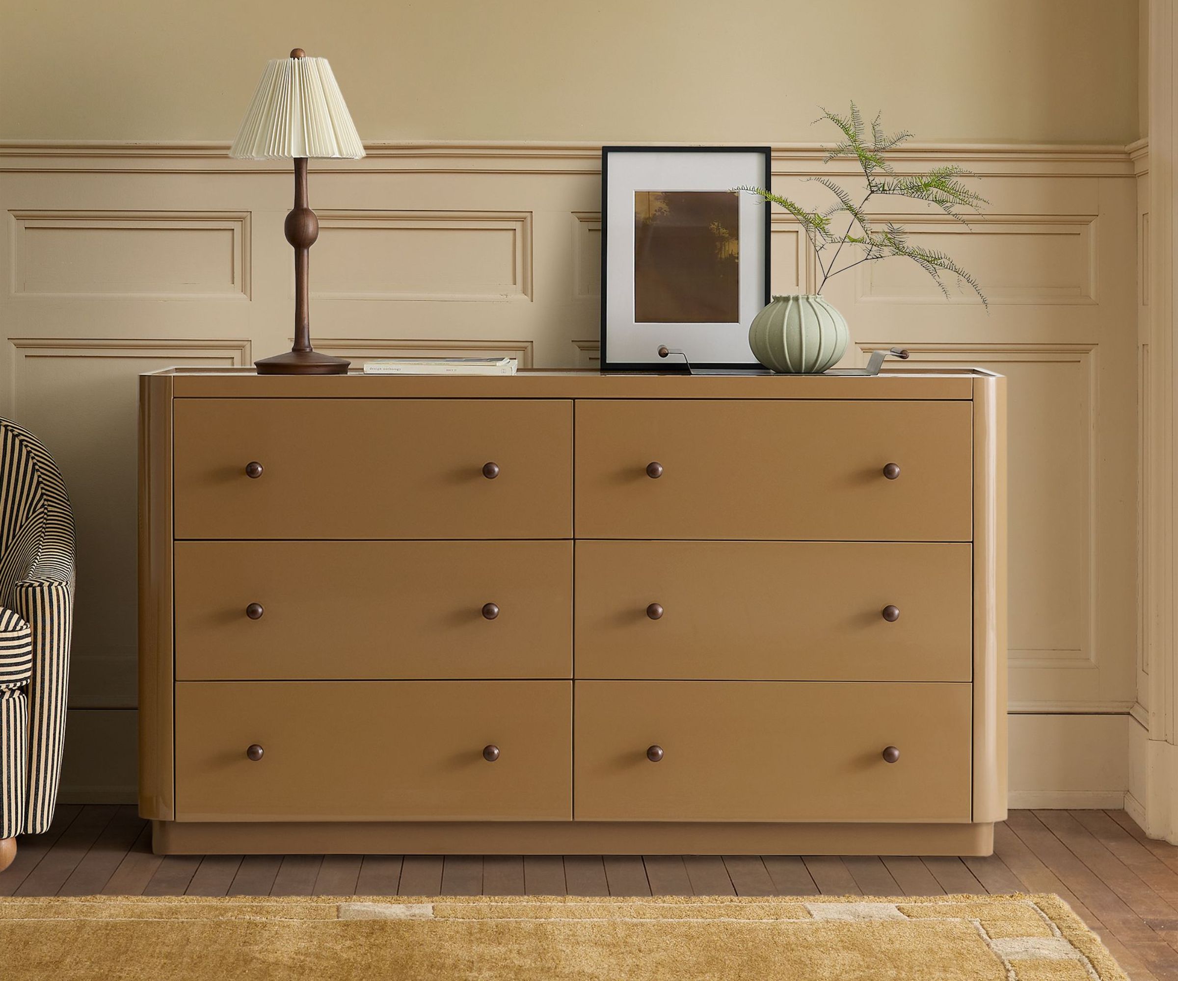 high gloss 6 drawer dresser in a yellow gold finish from the pierce and ward west elm collaboration