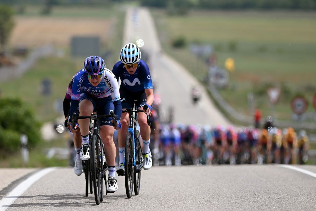 MEDINA DE POMAR SPAIN MAY 18 LR Valerie Demey of Belgium and LIV RacingTeqFind Team Elena Pirrone of Italy and Team IsraelPremier Tech and Aude Biannic of France and Movistar Team attack during the 8th Vuelta a Burgos Feminas 2023 Stage 1 a 1156km stage from Quintanaortuo to Medina de Pomar UCIWWT on May 18 2023 in Medina de Pomar Spain Photo by Dario BelingheriGetty Images