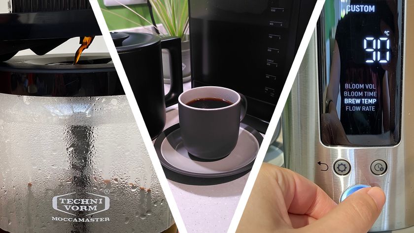 Coffee dripping into carafe, cup of drip coffee, and hand adjusting brew settings on drip coffee maker