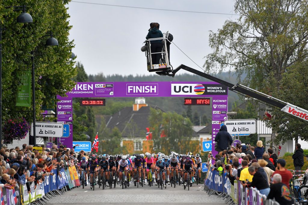 MYSEN NORWAY AUGUST 13 The Peloton at finish area during the 7th Ladies Tour Of Norway 2021 Stage 2 a 145km stage from Askim to Mysen LTourOfNorway LTON21 UCIWWT on August 13 2021 in Mysen Norway Photo by Luc ClaessenGetty Images