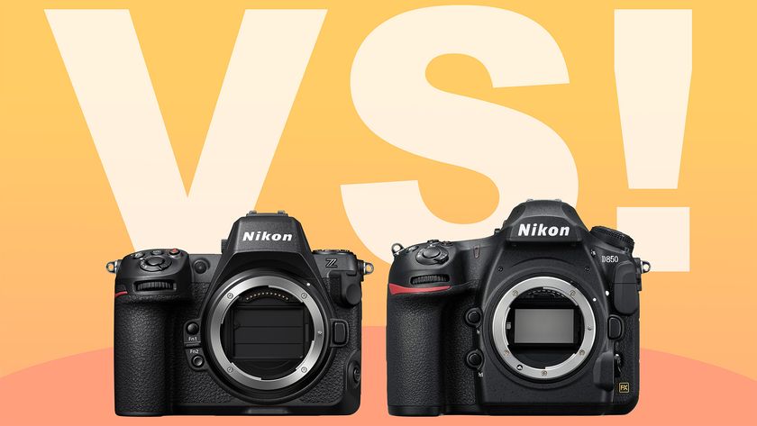Nikon Z8 and Nikon D850 product images on a pink to yellow backdrop with &#039;VS!&#039; in the background 