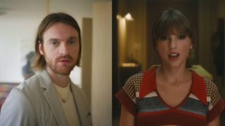 Finneas in a blazer and white T-shirt looking directly at the camera, side by side with Taylor Swift in the Anti-hero music video.