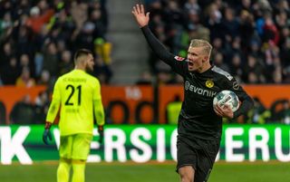 Erling Haaland celebrating on his Borussia Dortmund debut