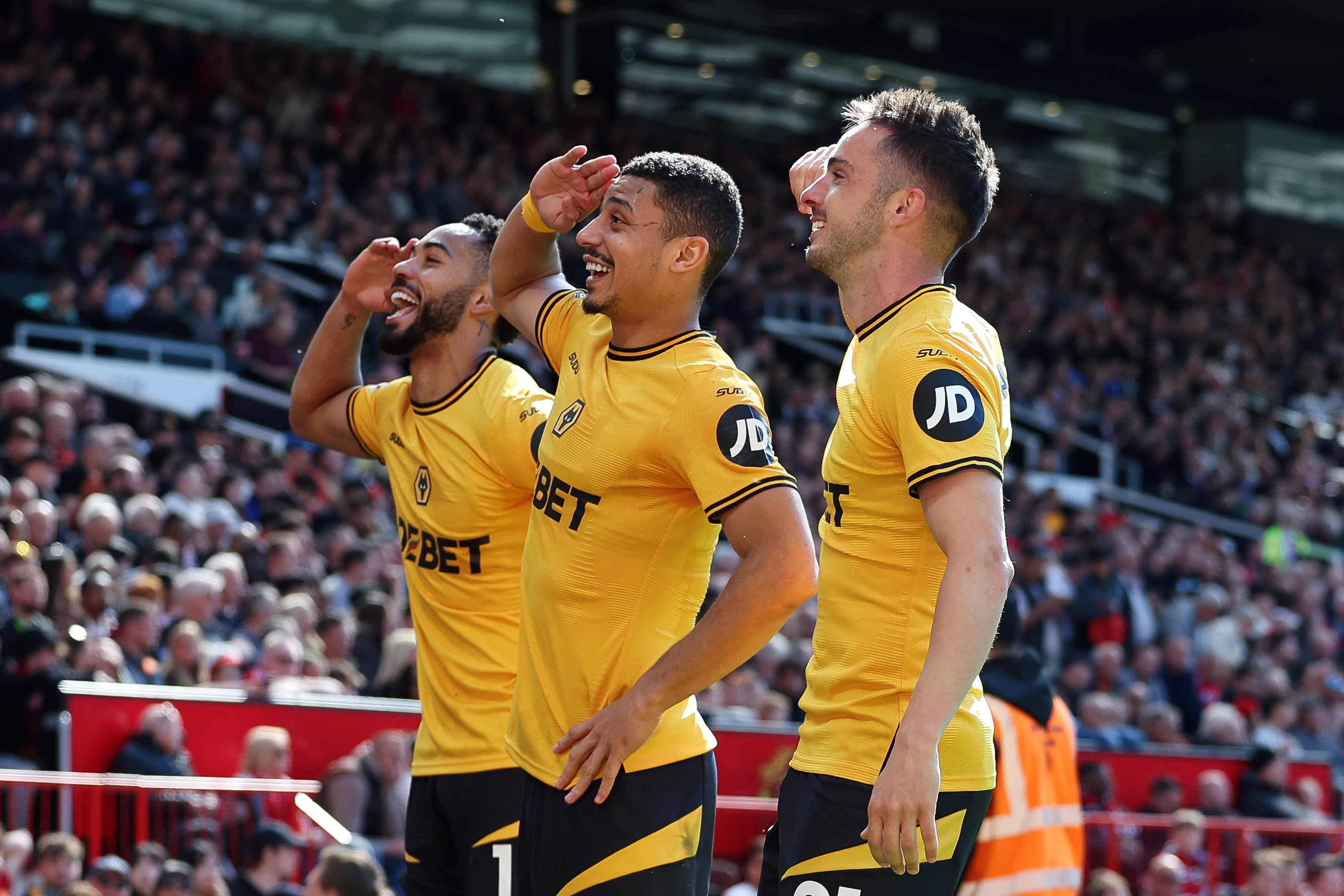 Pablo Sarabia celebrates with his team-mates after scoring for Wolves against Manchester United in April 2025.