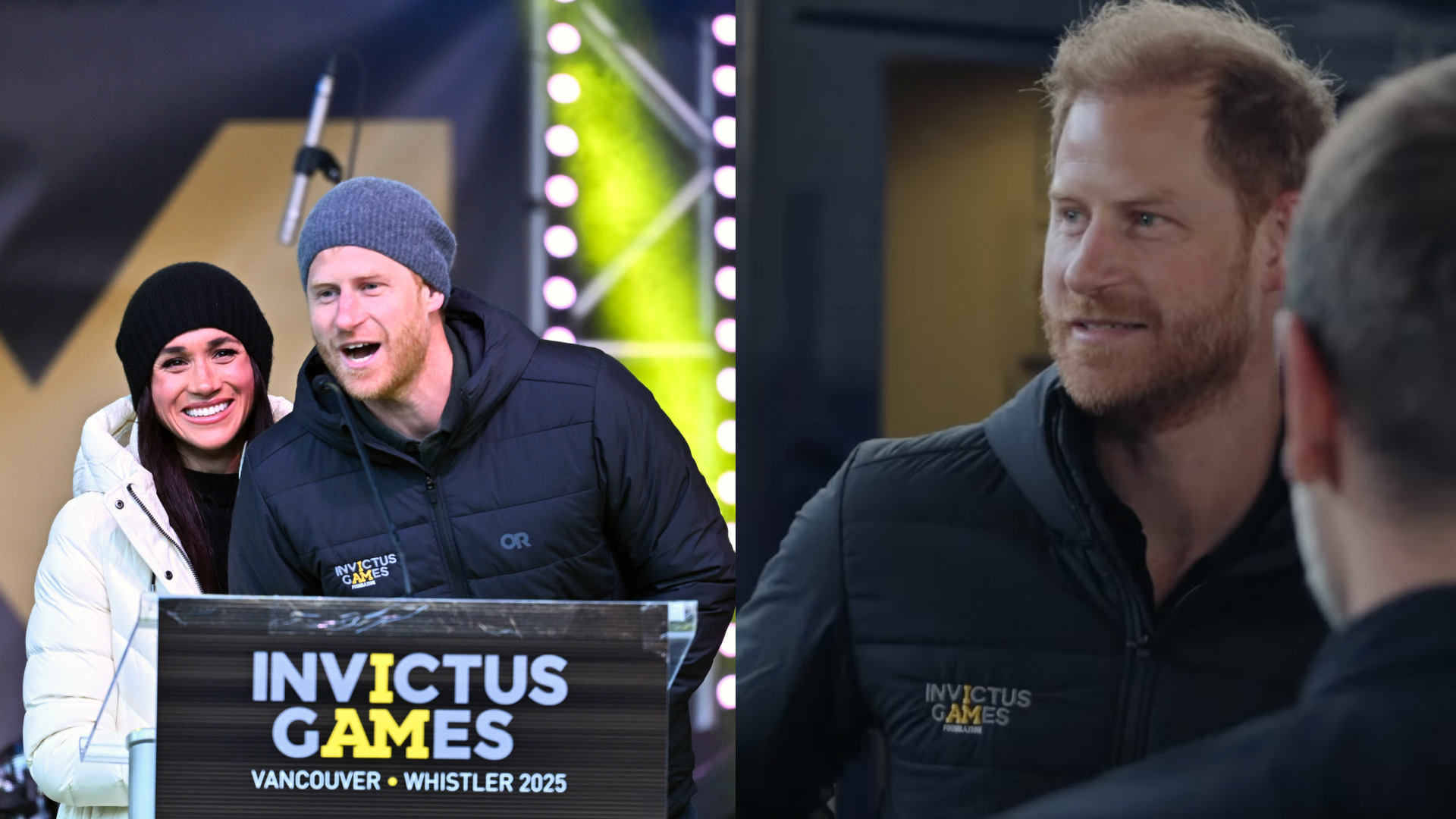 Prince Harry and Meghan Markle wearing winter coats at an Invictus Games podium; Prince Harry wearing a black jacket and smiling