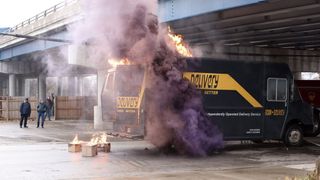 A truck is on fire with purple smoke on Chicago Fire season 12