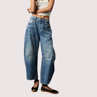 Image of denim barrel leg jeans