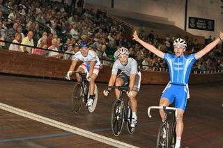 Scott Law takes out the men's A Grade scratch race, as Ben Kersten and Po Hung watch on.