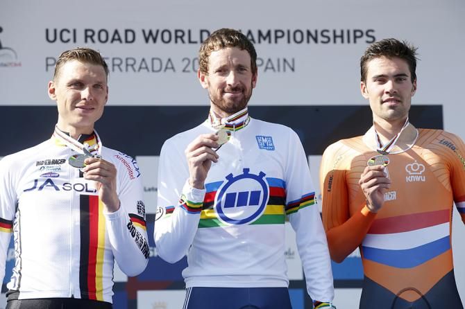 The elite men's podium: Tony Martin, Brad Wiggins and Tom Dumoulin