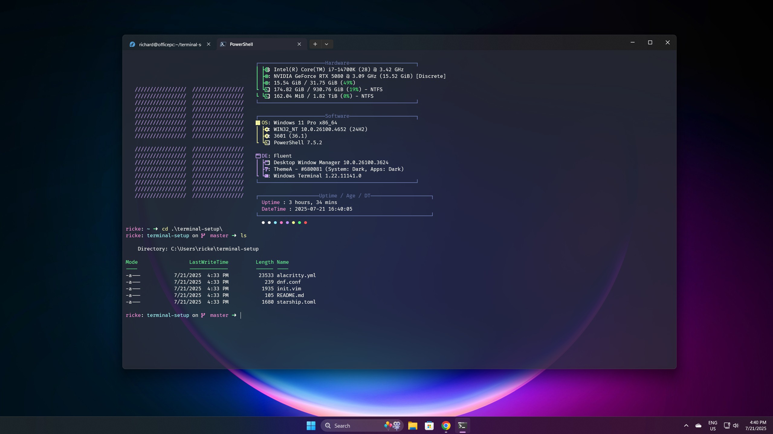 PowerShell running Fastfetch and the Starship prompt.
