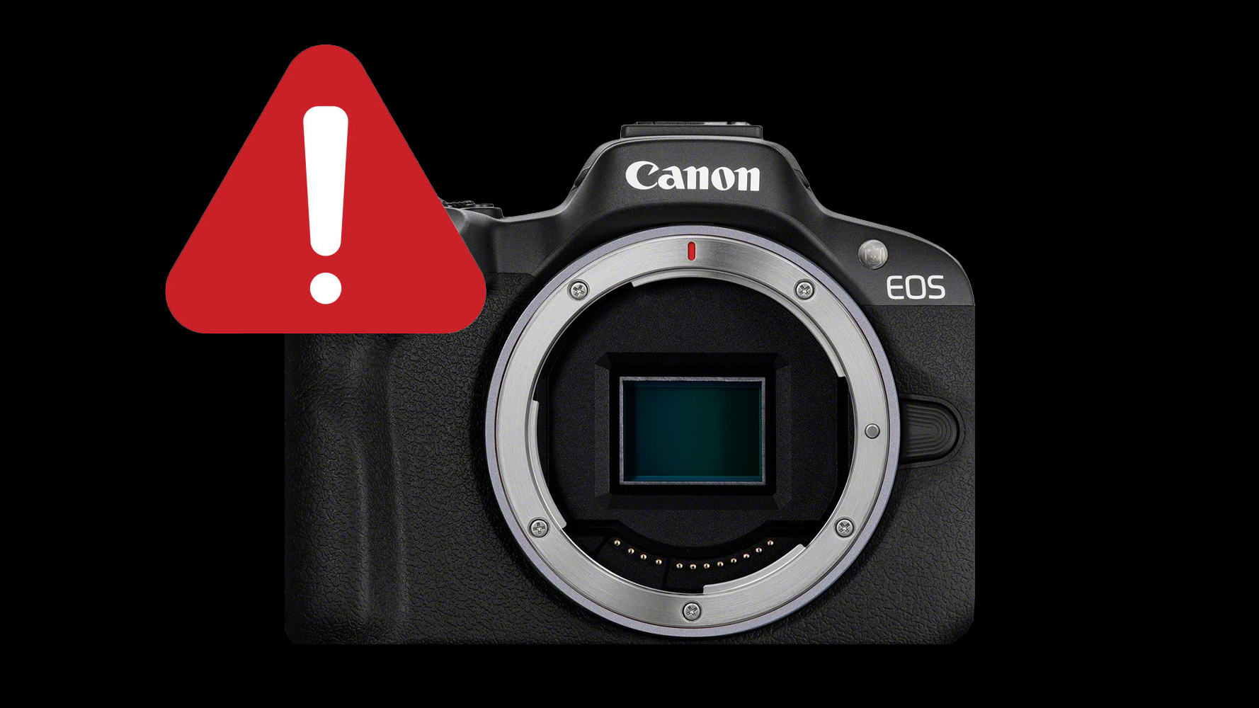 A Canon EOS R50 camera with a large red warning icon overlay, symbolizing an alert or error