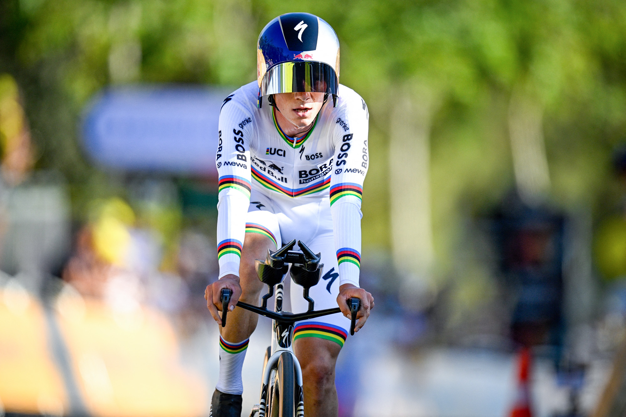 Belgian Remco Evenepoel of Red Bull-BORA-hansgrohe crosses the finish line of the first stage of the 2026 Tour de France cycling race, a team time trial of 19km with start and finish in Barcelona, Spain, Saturday 04 July 2026. The 113th edition of the Tour de France starts on Saturday 4 July in Barcelona, Spain, and will finish in Paris, France on the 26th of July. BELGA PHOTO JASPER JACOBS (Photo by JASPER JACOBS / BELGA MAG / Belga / AFP via Getty Images)