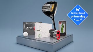 Golf products on a table with a gray background and deal badge