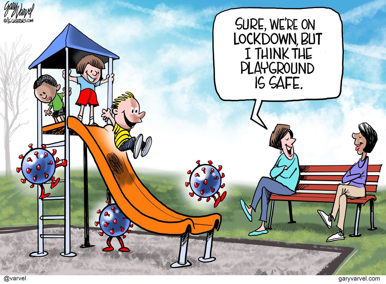 Editorial Cartoon U.S. Coronavirus COVID-19 playground children germs