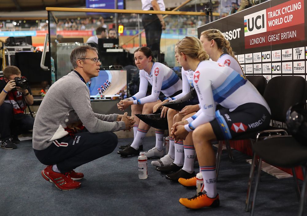 Paul Manning, Coach of Great Britain(L) chats to the Great Britain Womens Team Pursuit Team prior to their ride during day One of the 2018 TISSOT UCI Track Cycling World Cup