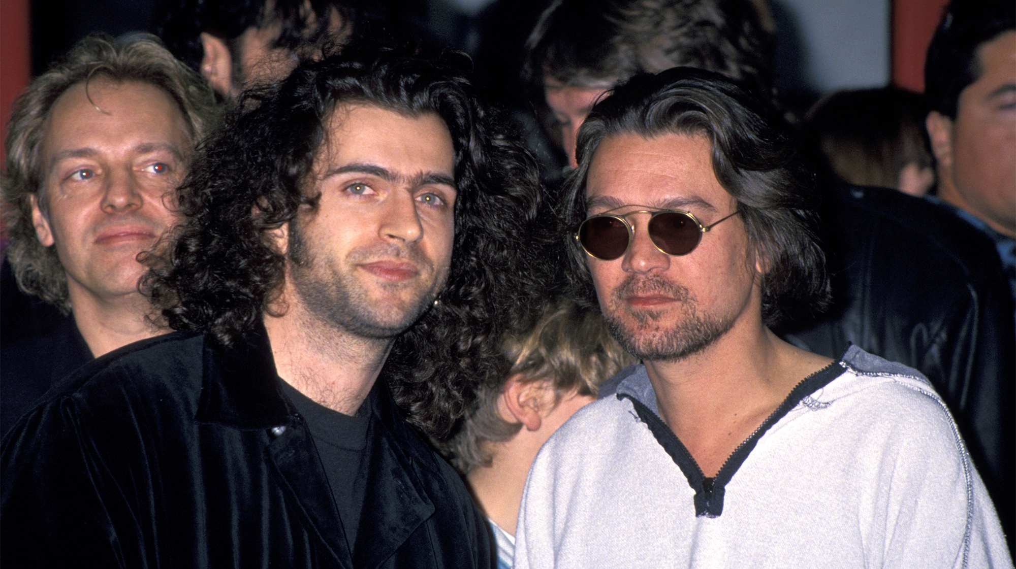 Peter Frampton, Dweezil Zappa and Eddie Van Halen during Jimmy Page Induction into Hollywood RockWalk of Fame at Guitar Center in Hollywood, California, United States.