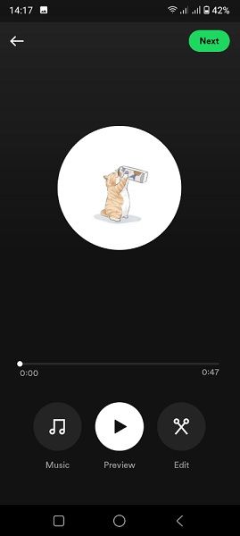 Preview, music, and edit buttons for Spotify's reaction recording test.