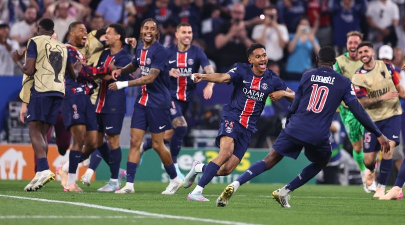 Senny Mayulu celebrates with his Paris Saint-Germain team-mates after scoring his side&#039;s fifth goal in the Champions League final against Inter in Munich in May 2025.