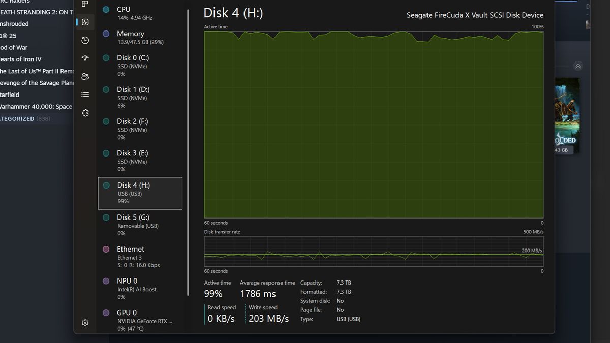 A screenshot of Windows Task Explorer overlapping Steam, showing the average transfer speed of moving a game from a PCIe NVMe SSD to a USB external HDD