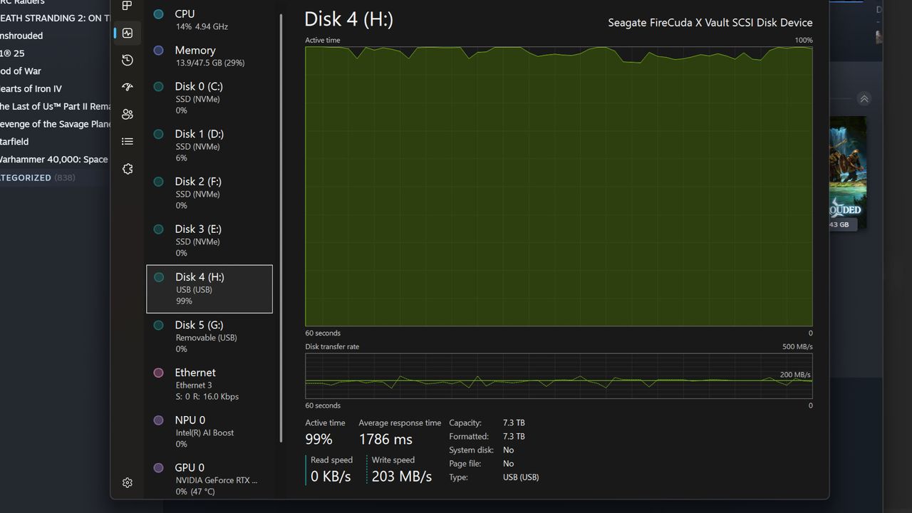 A screenshot of Windows Task Explorer overlapping Steam, showing the average transfer speed of moving a game from a PCIe NVMe SSD to a USB external HDD