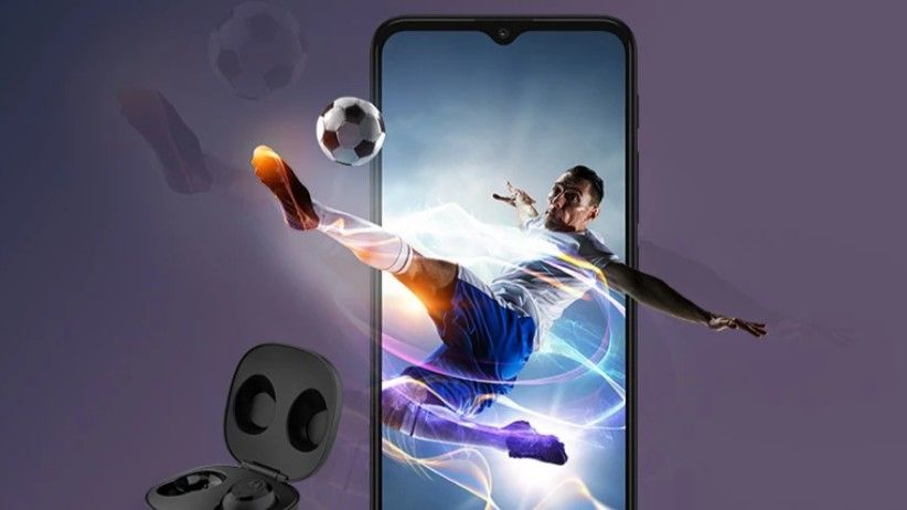 Promo image with footballer exploding out of the best Motorola phone