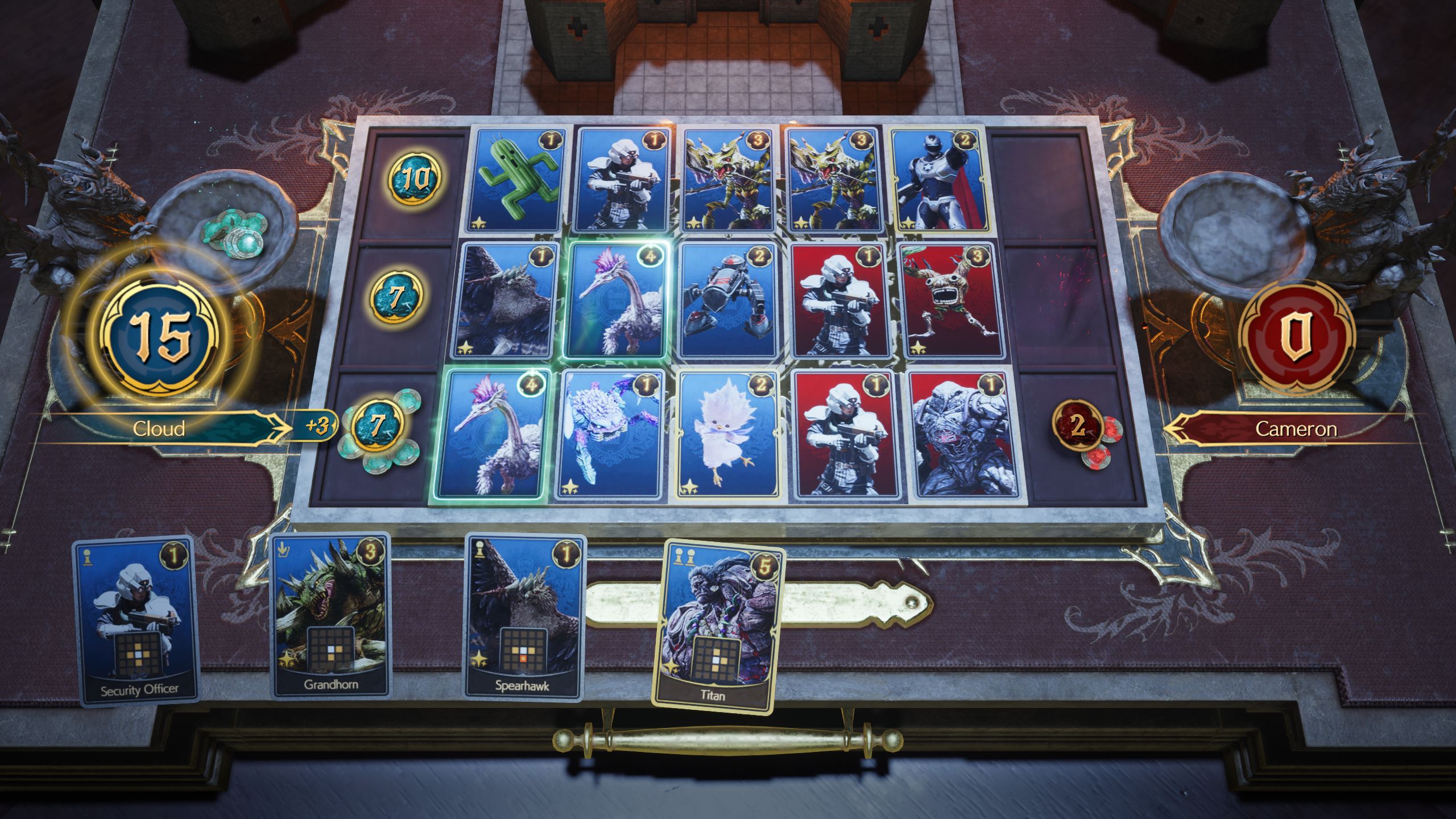 Three rows of cards in a game of Queen's Blood