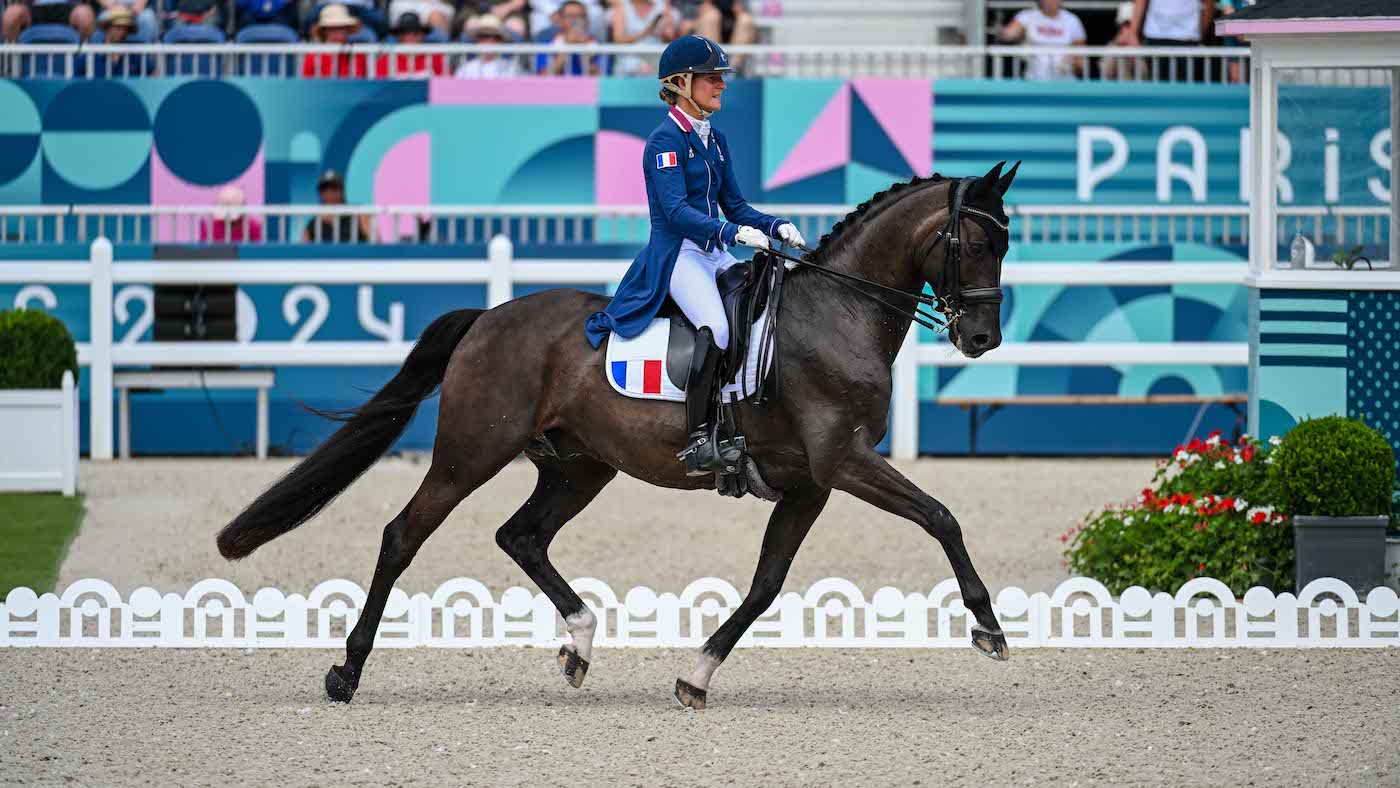 Pauline BASQUIN riding SERTORIUS DE RIMA Z IFCE for FRA during the Grand Prix of the Olympic Dressage Team &amp; Individual Competition at the Paris 2024 Olympic Games held on the Etoile Royal Esplanade in the grounds of the Palace of Versailles (Ch&acirc;teau de Versailles) in Versailles just outside Paris in France between the 25th July and 6th August 2024