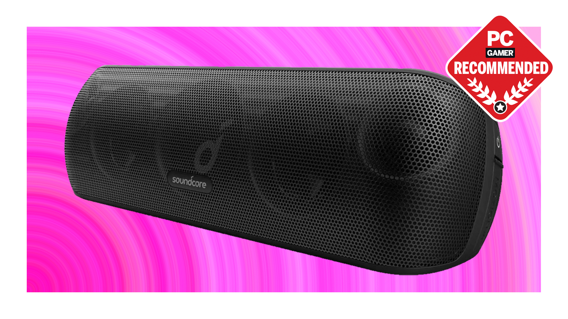 An Anker Soundcore Motion+ Bluetooth speaker on a pink deals background