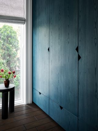 A corner in a room with dark wood flooring and deep blue cabinet