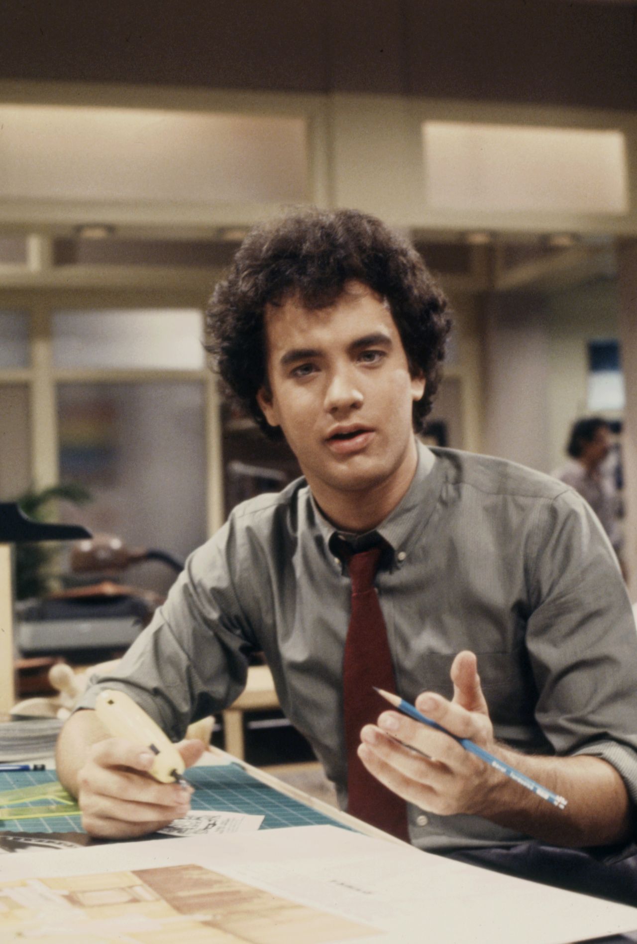 Tom Hanks on set filming Bosom Buddies in 1980.
