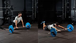 Man demonstrates two positions of the barbell roll-out