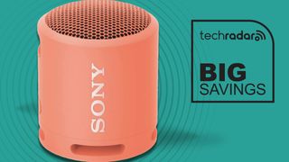 Sony SRS-XB13 in peach, on a turquoise background
