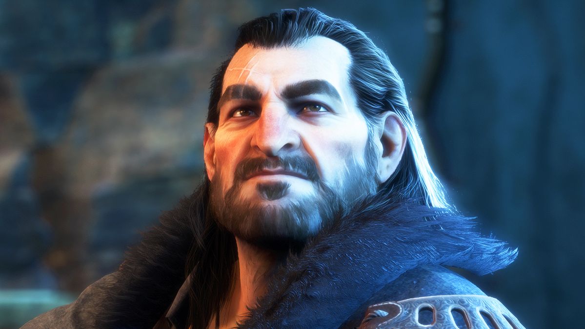 Dragon Age character Varric looking confidently forward