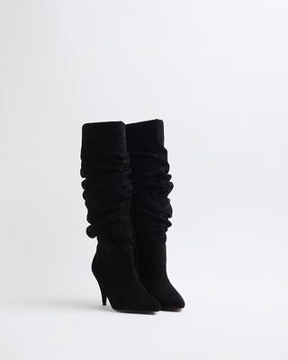 River Island, Black Suede Slouch High Heeled Boots